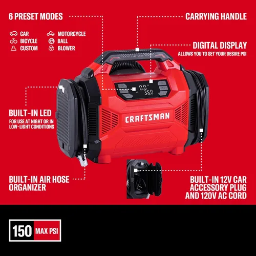 Miniatura 9 de CRAFTSMAN Inflador de neumáticos de doble potencia, compresor de aire portátil, enchufe de automóvil de 12 V CC y uso doméstico de 120 V CA, hasta