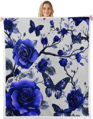 Miniatura 15 de Manta de franela azul rosa para todas las estaciones, manta de cama gótica de mariposa para decoración del hogar kawaii, manta rústica con flores