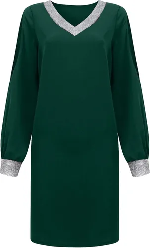 Miniatura 7 de Vestidos brillantes para mujer, color sólido, costuras de lentejuelas, cuello en V, manga de hombros descubiertos, vestido casual, vestido de fiesta