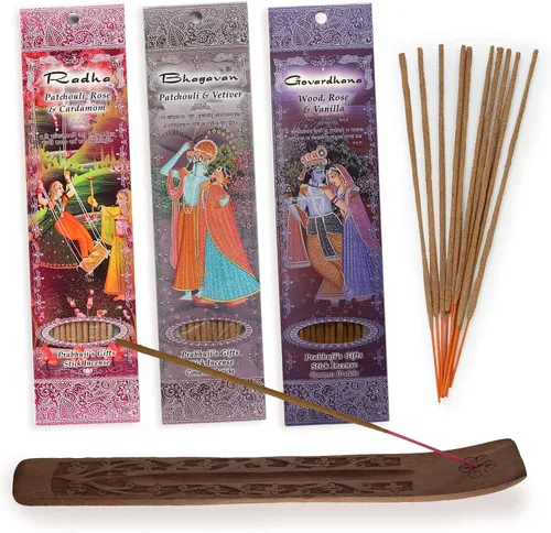 Prabhuji's Gifts Radha, Bhagavan, Govardhana Varillas de incienso espiritual enrolladas a mano – Varillas aromáticas – para meditación, yoga,