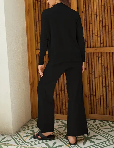 Miniatura 5 de Conjunto de 2 piezas para mujer, sudadera con cuello alto falso, pantalones de pierna ancha, conjuntos de ropa de descanso