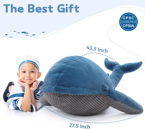 Miniatura 3 de MaoGoLan Ballena de Peluche Rellena de 43 pulgadas, Almohada Grande de Peluche Ballena Azul de 4 pies, Juguete de Ballena Jorobada para Niños