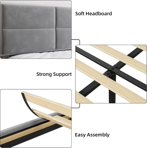Miniatura 6 de Base de cama tamaño matrimonial, base de cama con cabecera cuadrada de terciopelo, soporte de listones de madera, antideslizante y sin ruido,