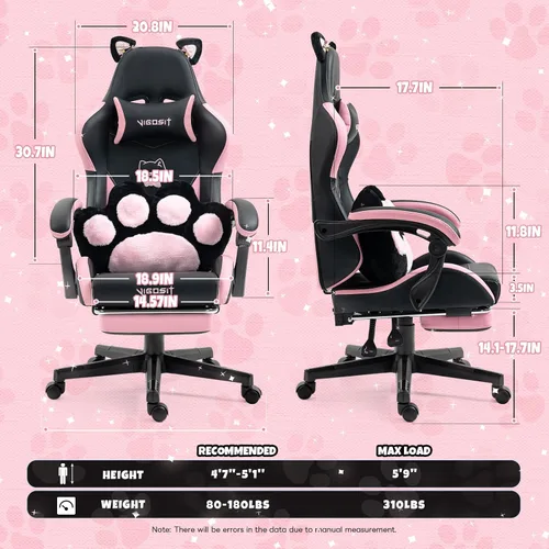 Miniatura 2 de Vigosit Silla de Gaming con Orejas de Gato de Piel Sintética PU Ergonómica Regulable Silla de Oficina para Escritorio de Computadora para Jugadores
