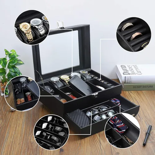 Miniatura 3 de Homde Caja de reloj con diseño de arco de fibra de carbono, organizador de joyas de lujo con cajón, parte superior de cristal y cerradura