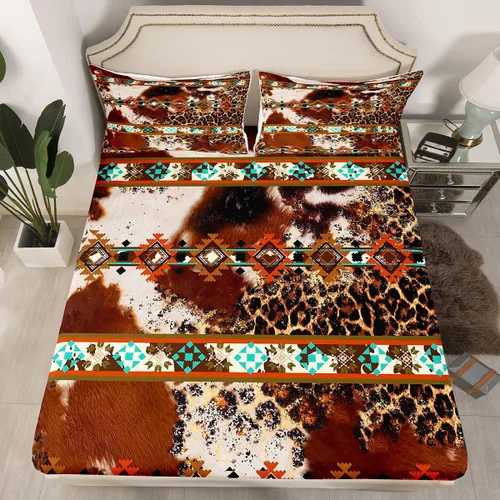 Miniatura 34 de Juego de ropa de cama de estilo bohemio occidental, tamaño individual, diseño de vaca atrapasueños, sábana bajera ajustable del suroeste, tribu