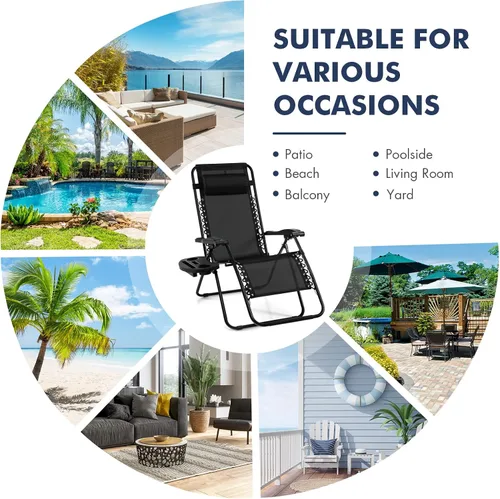 Miniatura 8 de Giantex Zero Gravity - Silla reclinable para patio al aire libre con portavasos y almohada extraíble, respaldo ajustable, silla de salón