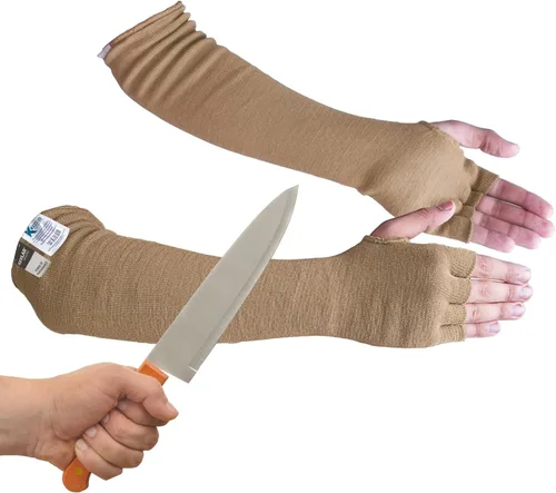 Mangas de brazo de diseño resistentes al calor y corte de Kevlar con aberturas para los dedos, 18 pulgadas por Kezzled, Desert Tan, Grande