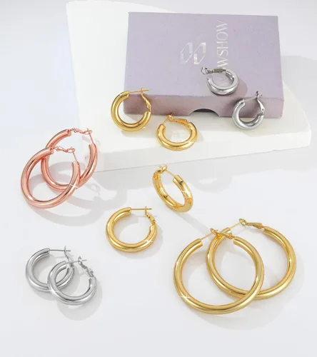 Miniatura 5 de wowshow Aretes de aro gruesos Howllow chapados en oro de 14 quilates para mujer
