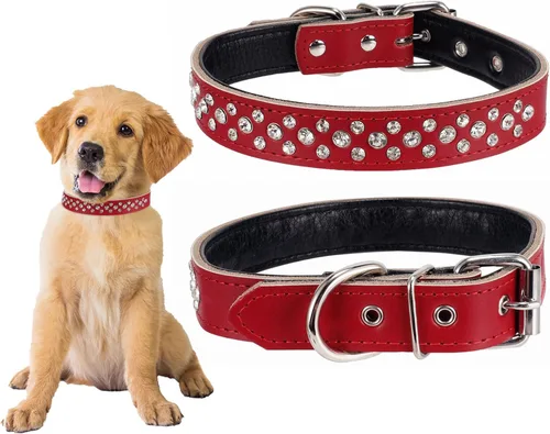 Miniatura 11 de Collares de piel auténtica con diamantes de imitación para perros pequeños y medianos de 1 pulgada de ancho Rosado