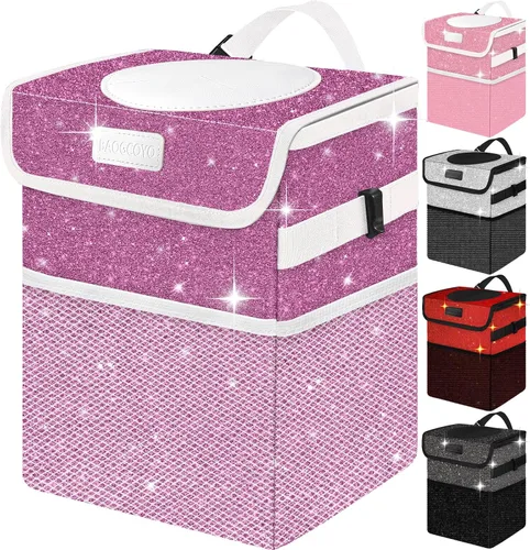 Miniatura 9 de Bonita mini bolsa de basura para automóvil con tapa, cubo de basura con purpurina para colgar para asiento trasero, asiento delantero/consola