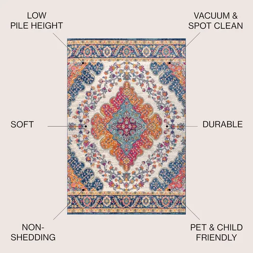 Miniatura 2 de JONATHAN Y Boho Vintage Azul/Multi 6' Alfombra redonda de área estilo bohemio, medallón con estilo bohemio, floral, de fácil limpieza, de alto
