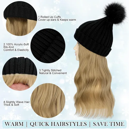 Miniatura 5 de Gorro de peluca con extensiones de cabello largo ondulado – Gorro de punto acanalado con pompón unido 14 pulgadas rizado sintético postizo