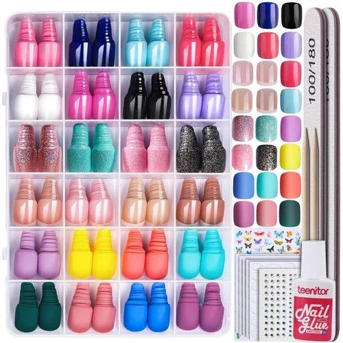 Miniatura 13 de Teenitor 24 paquetes de uñas postizas cortas a presión, 576 piezas de uñas postizas redondas a presión, uñas postizas cortas mate y brillantes