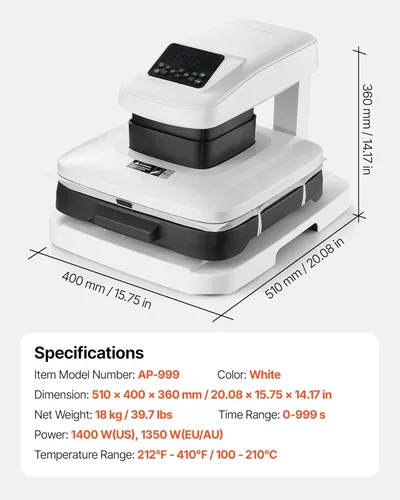 Miniatura 7 de VEVOR Máquina automática de prensa de calor, 15 x 15 pulgadas, máquina de prensa de camisetas con liberación automática y presión ajustable, Blanco