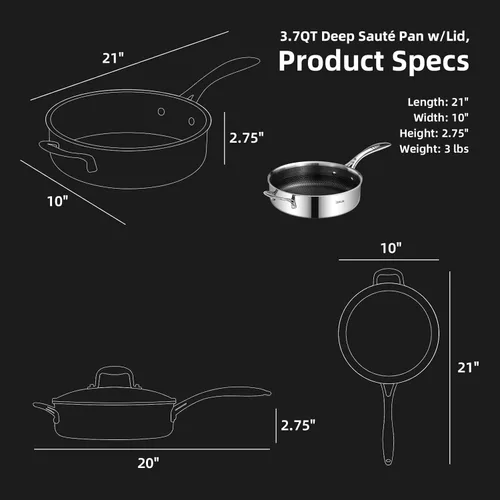 Miniatura 2 de DELUXE Sartén de cerámica híbrida antiadherente de 3.7 cuartos de galón con tapa, sartén de acero inoxidable con asas que se mantienen frías, apta
