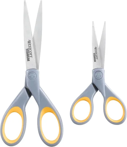 Miniatura 7 de Westcott 13824 Tijeras puntiagudas de titanio con asas suaves, de 7 y 5 pulgadas, color gris/amarillo (paquete de 2)