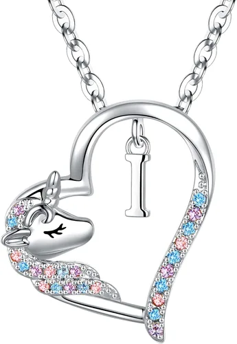 Miniatura 64 de Anoup Collar con inicial de unicornio, chapado en oro de 14 quilates, hipoalergénico con circonita cúbica, colgante de diamante simulado, joyería