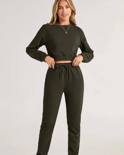 Miniatura 39 de BTFBM Conjunto deportivo de 2 piezas para mujer, camiseta corta de manga larga, sin botones, pantalón con cordón ajustable, pantalones deportivos