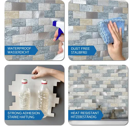 Miniatura 6 de Azulejos adhesivos de ladrillo para salpicaduras de cocina, azulejos impermeables para salpicaduras de baño (5 hojas, azul gris)