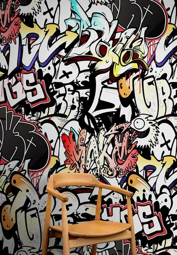 Mural de pared colorido de graffiti. Arte callejero con temática urbana, papel tapiz removible para despegar y pegar, papel tapiz estilo graffiti.