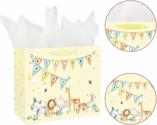 Miniatura 4 de Laidans Bolsa de regalo grande de 13" para bebé niño o niña para baby shower con papel de seda y tarjeta de felicitación (Azul)