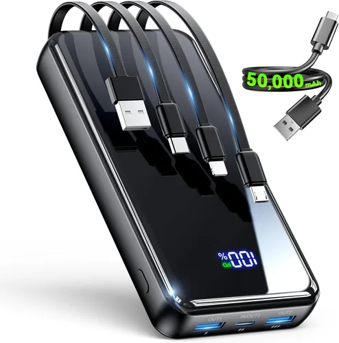 Cargador portátil, cargador de batería de 50000 mAh, cable integrado, 22.5 W PD USB C de entrada y salida de carga rápida, batería externa con 6