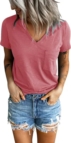 Sunborui Camiseta de verano de manga corta con cuello en V para mujer, con bolsillo, color liso, holgada, casual