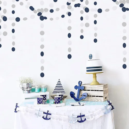 Miniatura 2 de Guirnalda de papel azul marino, blanco y plateado, decoración colgante de revelación de género de 52 pies, banderín de graduación, compromiso, Azul