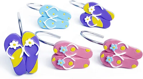12 chanclas de resina multicolor mezcladas para cortina de ducha, anillos de acero inoxidable, accesorios de decoración de baño, playa (chancletas)