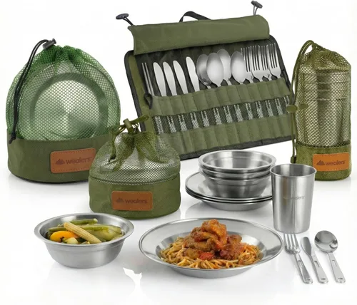 Wealers - Juego completo de vajilla viajera de acero inoxidable pulido, vajilla para campamento o para bufet. Incluye vasos, platos, tazones, Verde