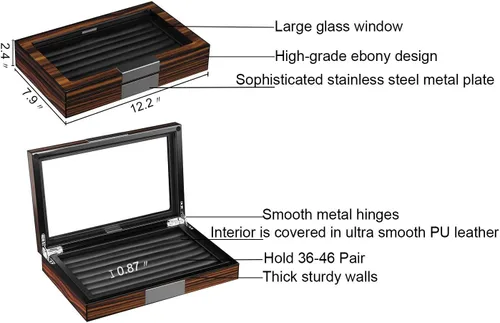 Miniatura 6 de Caja de gemelos de madera con ventana de cristal para gemelos, organizador de anillos y caja de gemelos para hombres con capacidad para 36-46 pares