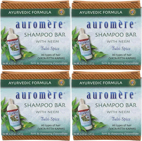 Auromere Barra de champú ayurvédica, ecológica, hecha a mano, vegana, libre de crueldad, natural, sin OMG, todo en una barra para jabón y champú