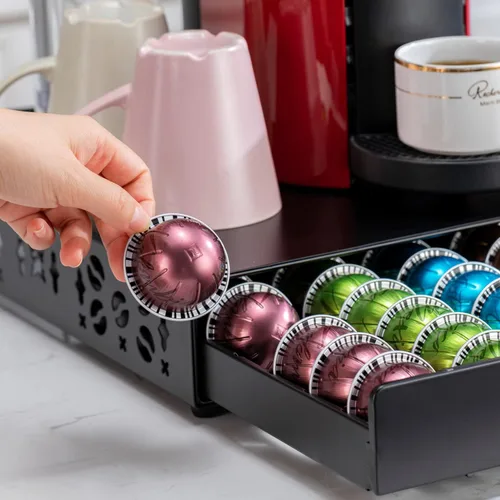 Miniatura 6 de FlagShip Soporte para cápsulas Nespresso, organizador de cápsulas Vertuo, diseño de barra de café y soporte para cafetera, metal negro