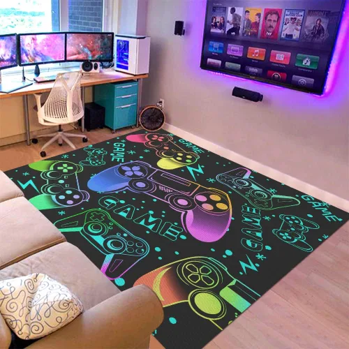 Alfombra de sala de videojuegos para adolescentes y hombres, decoración de habitación temática de juegos, colorido diseño de controlador de