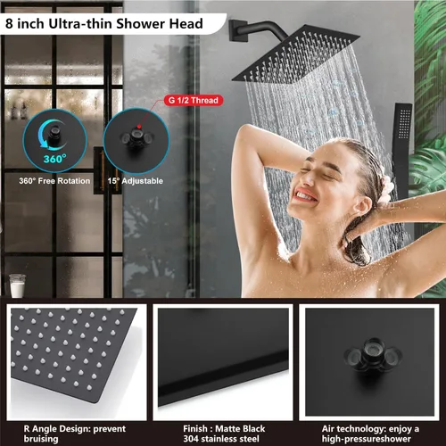 Miniatura 3 de Midanya Juego de grifo de ducha, sistema de ducha de montaje en pared con cabezal de ducha de lluvia cuadrado y rociador manual, cuerpo de válvula
