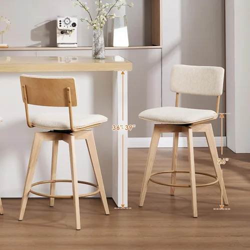 Miniatura 4 de ONEVOG Juego de 2 taburetes de bar giratorios de madera de 26 pulgadas de altura de mostrador, modernas sillas altas tapizadas para isla de cocina