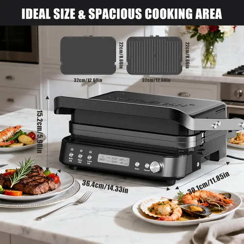 Miniatura 7 de CATTLEMAN Prensa de Parrilla Panini Sandwichera con Placas Extraíbles, 1600W, 5 en 1 Parrilla y Plancha Interior Sin Humo con Termómetro para Carne