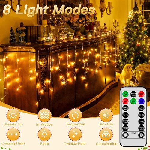 Miniatura 3 de Luces de carámbano para exteriores, 216 LED de 24 pies, luz de Navidad impermeable para exteriores con 8 modos y temporizador, luces de carámbano
