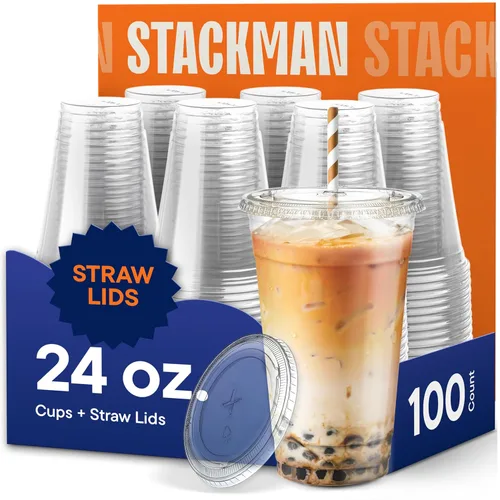 Stack Man [100 Juegos - 24 oz.] Vasos de Plástico Transparente con Tapa de Ranura para Pajita, Vasos Desechables de Plástico PET Cristal