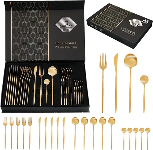 Miniatura 8 de Juego de cubiertos negros de 24 piezas para 6, cubiertos negros de acero inoxidable, tenedores y cucharas, juego de vajilla de apartamento pulido