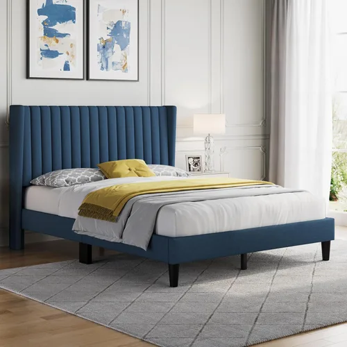 Miniatura 3 de Yaheetech - Base de cama queen con plataforma tapizada y cabecera de tela, diseño de borde ala, antideslizante y silenciosa, soporte de listones