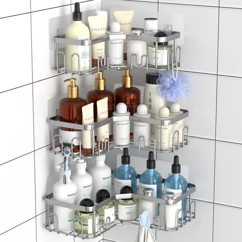 Miniatura 12 de Menbyci Organizador de ducha negro esquinero para baño, accesorios organizadores de baño a prueba de óxido, cesta de ducha adhesiva, estante