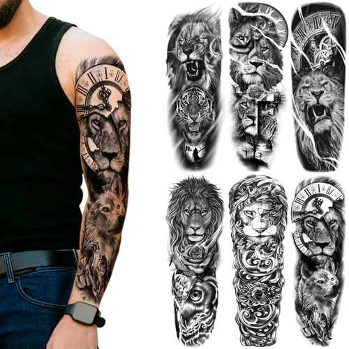 Miniatura 8 de Mangas temporales de tatuaje de bosque, brazo completo, lobo grande, león, animal, bosque, tribal, tatuajes falsos para hombres, mujeres y adultos