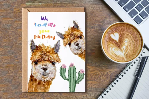 Miniatura 3 de OystersPearl Tarjeta de cumpleaños de alpaca - We Herd It's Your Birthday - Fawn Cria Happy Birthday - Tarjeta de alpaca y cactus - Tarjeta de cactus