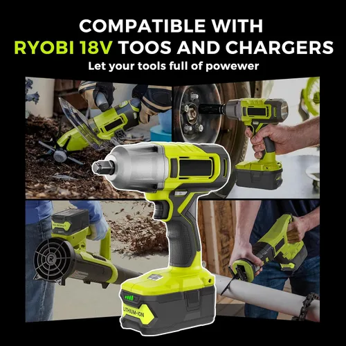 Miniatura 6 de Paquete de 2 baterías de repuesto recargables rápidas de litio de 18 V 5.0 Ah, compatible con herramientas eléctricas Ryobi de 18 V One+ y cargador