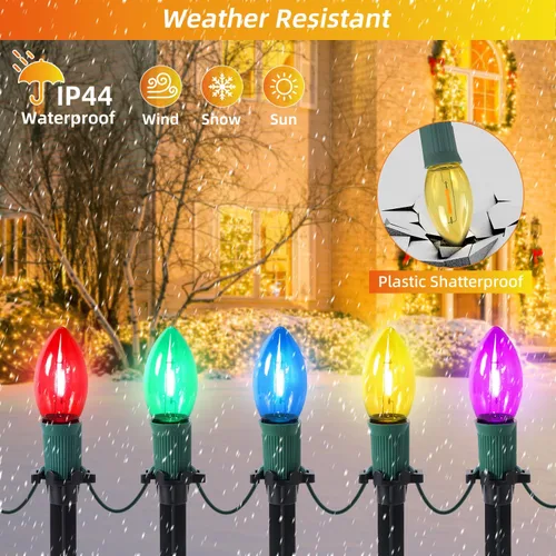 Miniatura 6 de USOKYO Luces LED C9 de 45 pies para caminos de Navidad al aire libre, 30 bombillas multicolor, impermeables, conectables, luces de Navidad