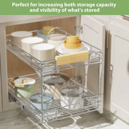 Miniatura 5 de ROOMTEC Organizador de gabinete extraíble con mango de madera, 19½ pulgadas de ancho x 21½ pulgadas de profundidad, 2 niveles, cajones extraíbles