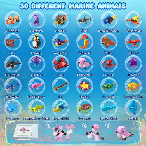 Miniatura 5 de Paquete de 30 recuerdos de fiesta de animales para niños, 824 piezas de juguetes de bloques de construcción de animales marinos para bolsas