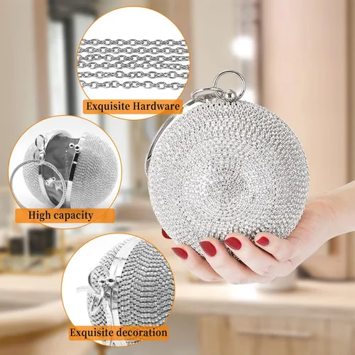 Miniatura 4 de Bolso de mano redondo de cristal para mujer, bolso de noche con diamantes de imitación, lentejuelas brillantes, bolso de hombro con purpurina, bolso